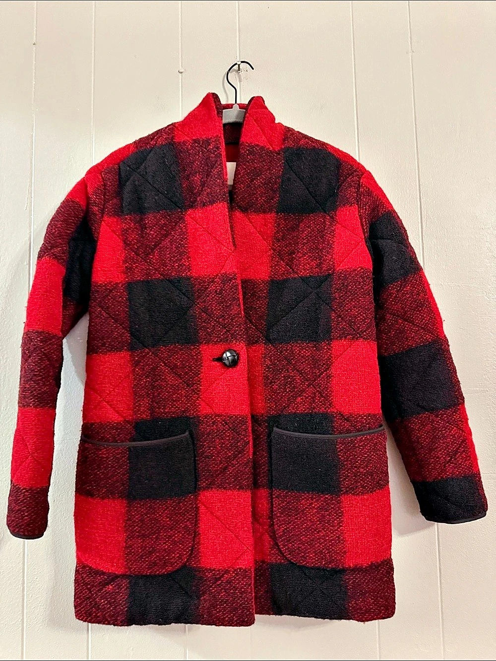 Wilfred Free Off Duty Jacket Plaid Wool Coat Red & Black XS